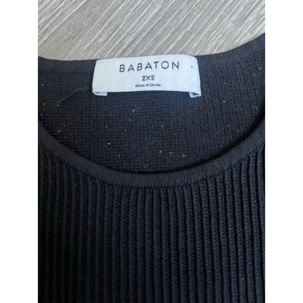 Aritzia Babaton Sculpt Knit Crew Cropped Top Ribbed Long Slv Black Sz XXS